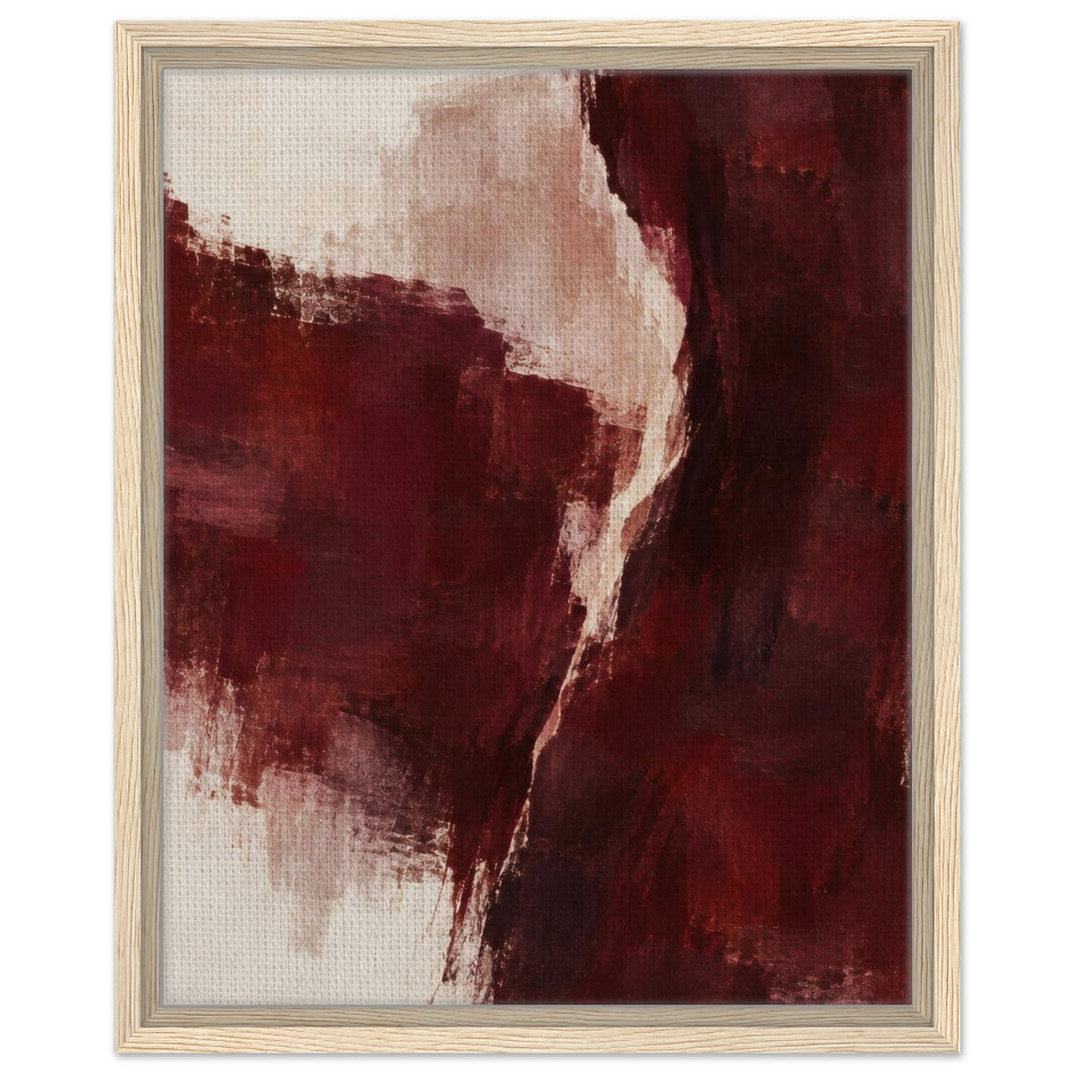 Burgundy Gesture abstract canvas with burgundy forms and a curved pale band in a light wood frame