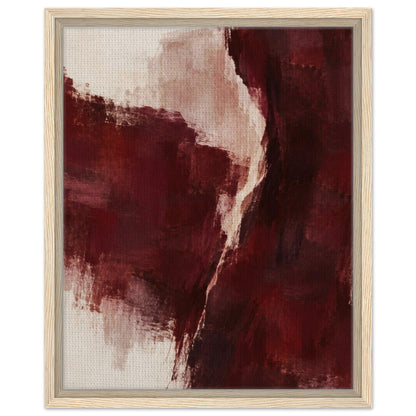 Burgundy Gesture abstract canvas with burgundy forms and a curved pale band in a light wood frame