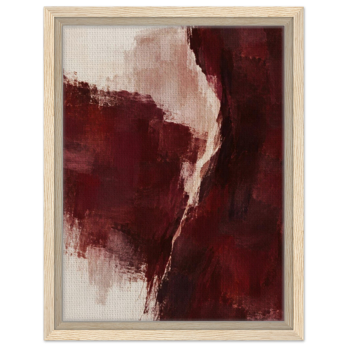 Burgundy Gesture burgundy abstract framed canvas with a light wood border, front view