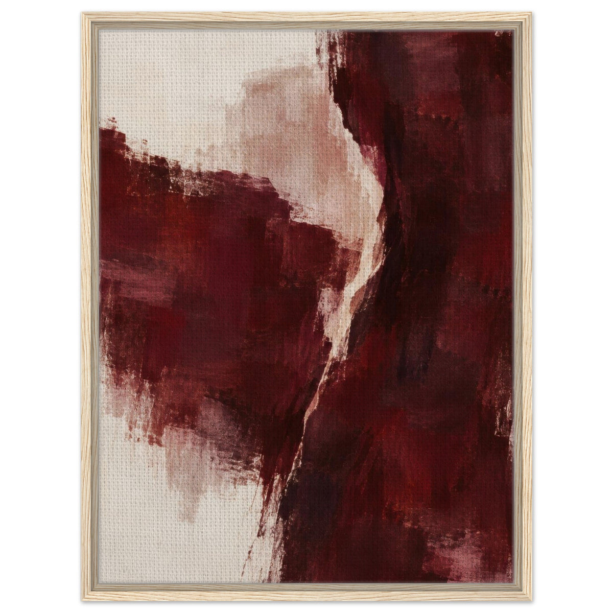 Burgundy Gesture abstract canvas in burgundy, cream and pale pink with a light wood floating frame, front view