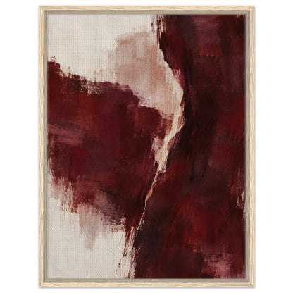 Burgundy Gesture abstract canvas in burgundy, cream and pale pink with a light wood floating frame, front view