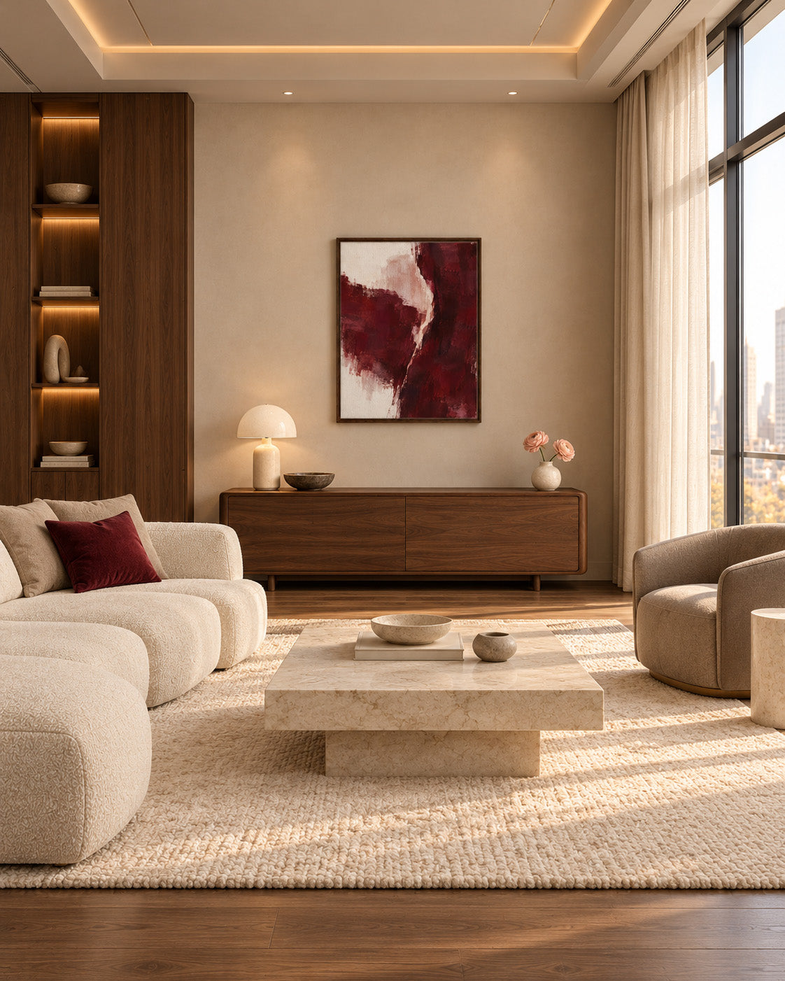 Burgundy Gesture framed abstract canvas above a wooden sideboard in a living room with cream seating