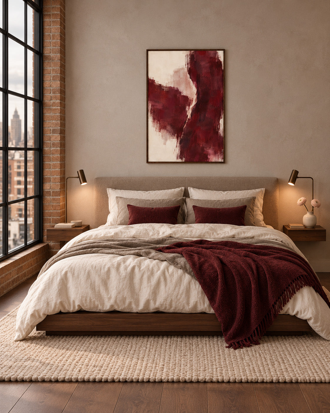 Burgundy Gesture framed abstract poster above a bed with cream bedding and a burgundy throw beside a tall black-framed window
