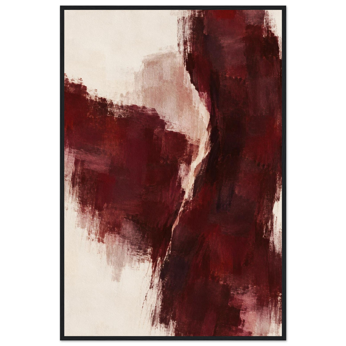 Burgundy Gesture abstract poster in burgundy, cream and pale pink with a black frame, front view