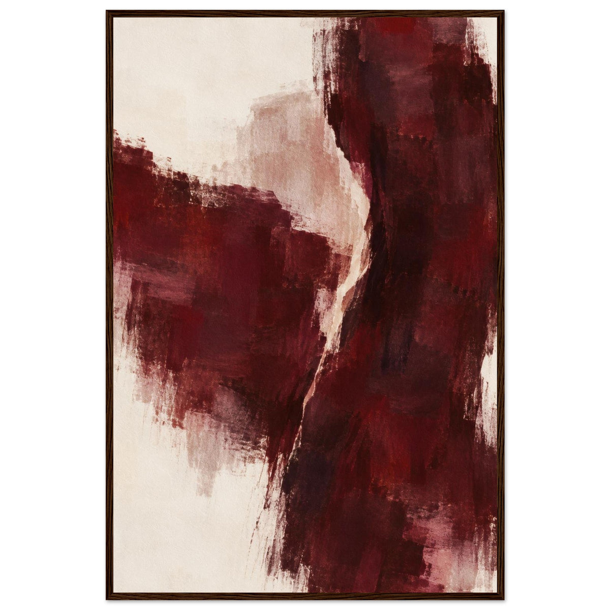 Burgundy Gesture abstract poster in burgundy, cream and pale pink with a dark wood frame, front view