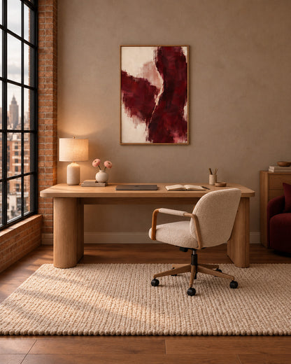 Burgundy Gesture abstract poster in a light wood frame above a wooden desk with a cream swivel chair in a loft office