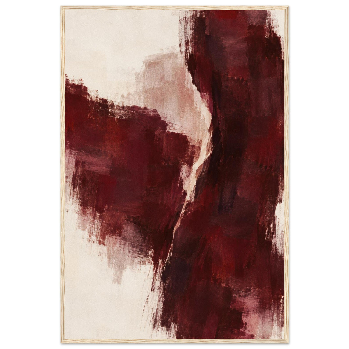 Burgundy Gesture abstract poster in burgundy, cream and pale pink with a light wood frame, front view