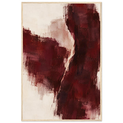 Burgundy Gesture abstract poster in burgundy, cream and pale pink with a light wood frame, front view