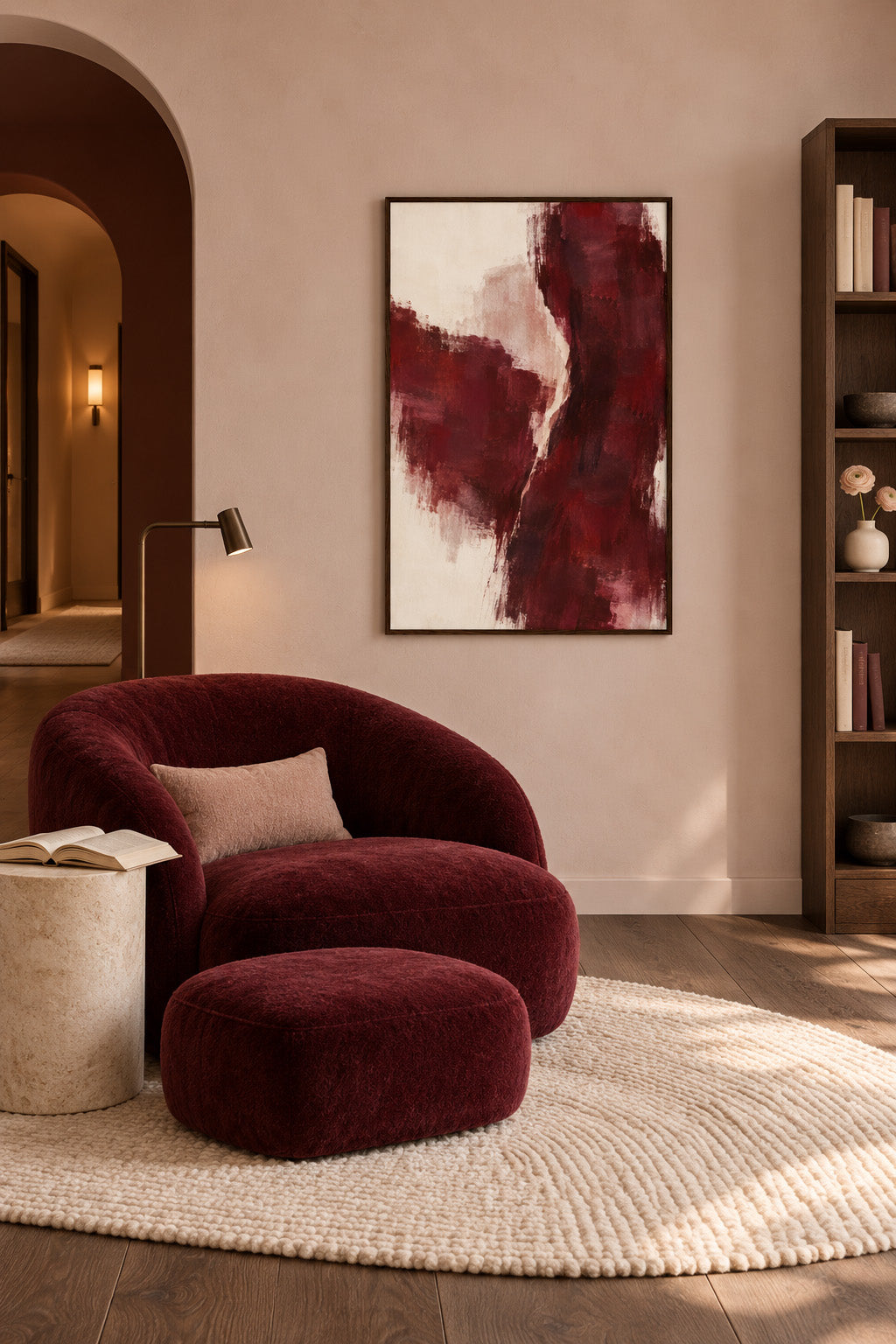 Burgundy Gesture framed abstract poster in a reading room with a burgundy armchair, matching footstool and bookshelves