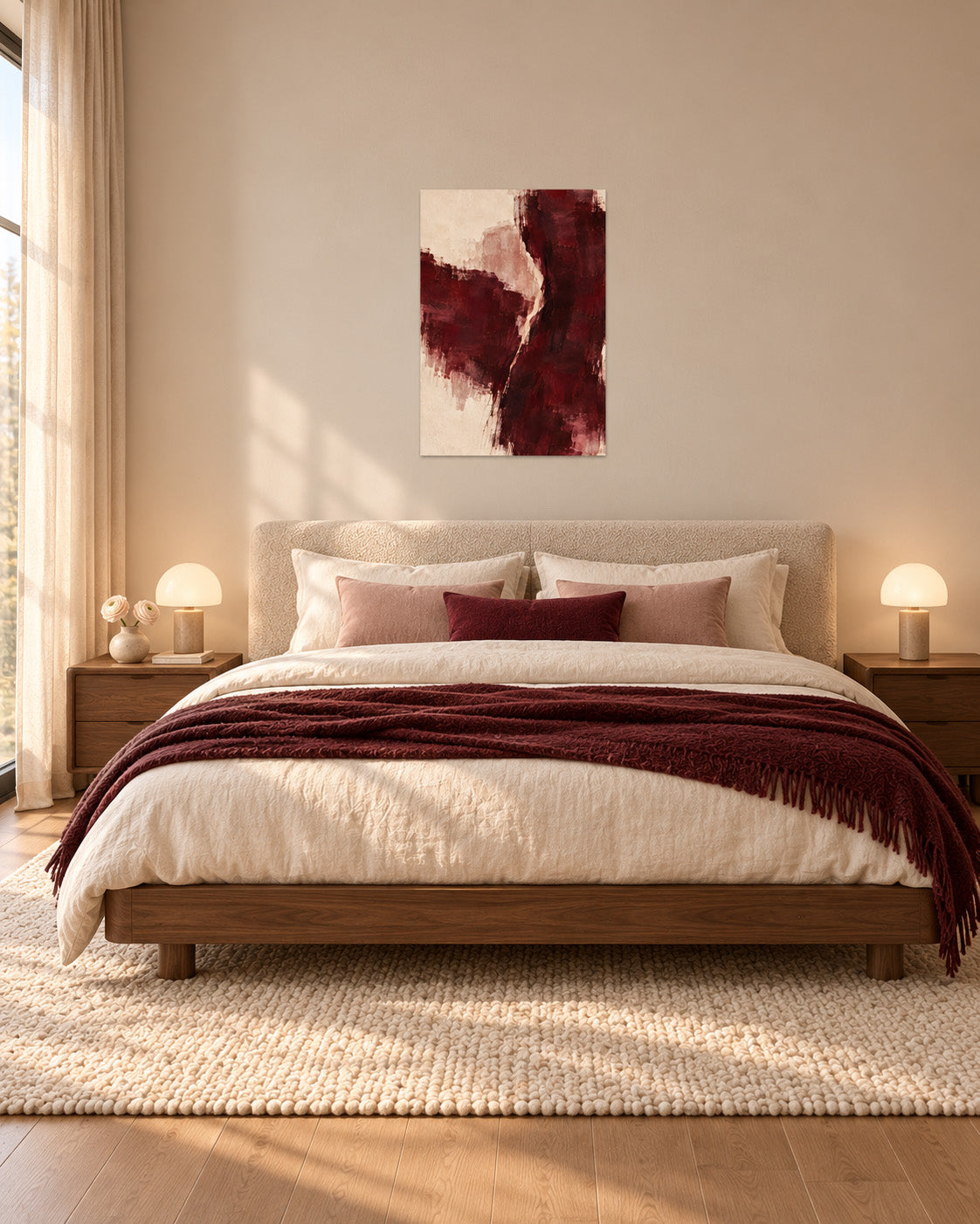 Burgundy Gesture unframed abstract poster above a bed with cream bedding and a burgundy throw