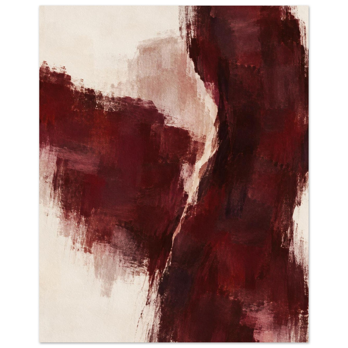 Burgundy Gesture abstract wall art poster with burgundy brushstrokes and a curved pale central band, front view