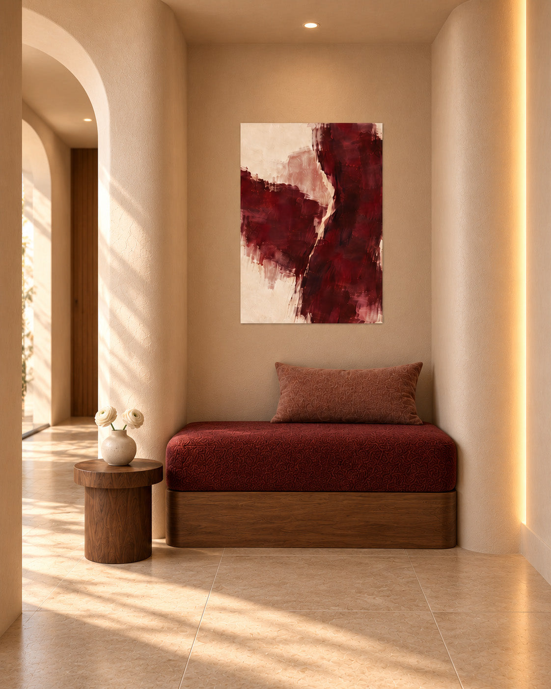 Burgundy Gesture unframed abstract poster above a burgundy upholstered bench in a hallway with an arched doorway