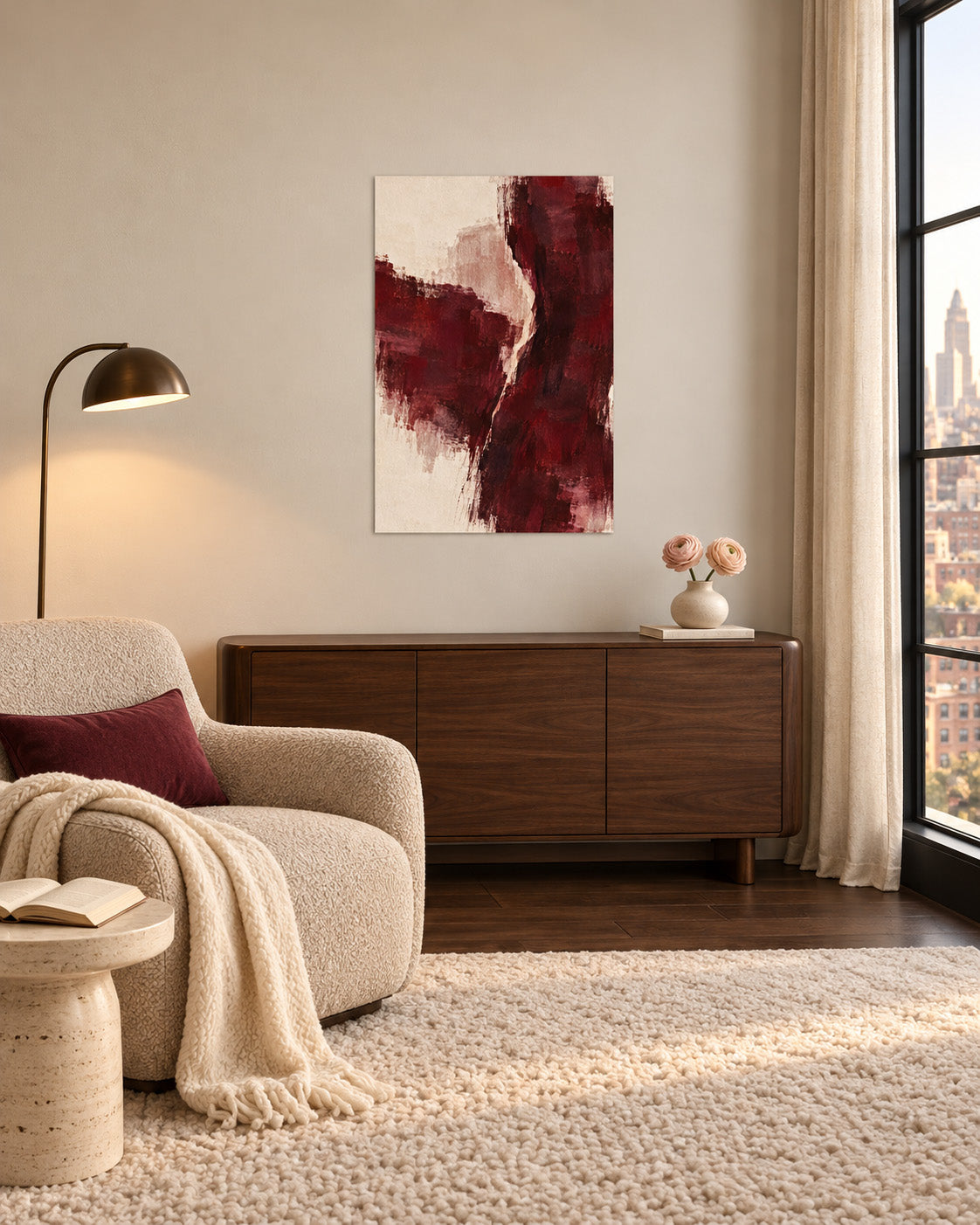 Burgundy Gesture unframed abstract poster above a wooden sideboard beside a cream armchair and floor lamp