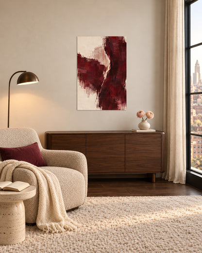 Burgundy Gesture unframed abstract poster above a wooden sideboard beside a cream armchair and floor lamp
