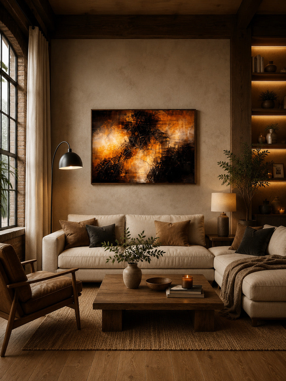 Cozy warm modern living room with the Burning Energy framed wall art in earthy brown tones