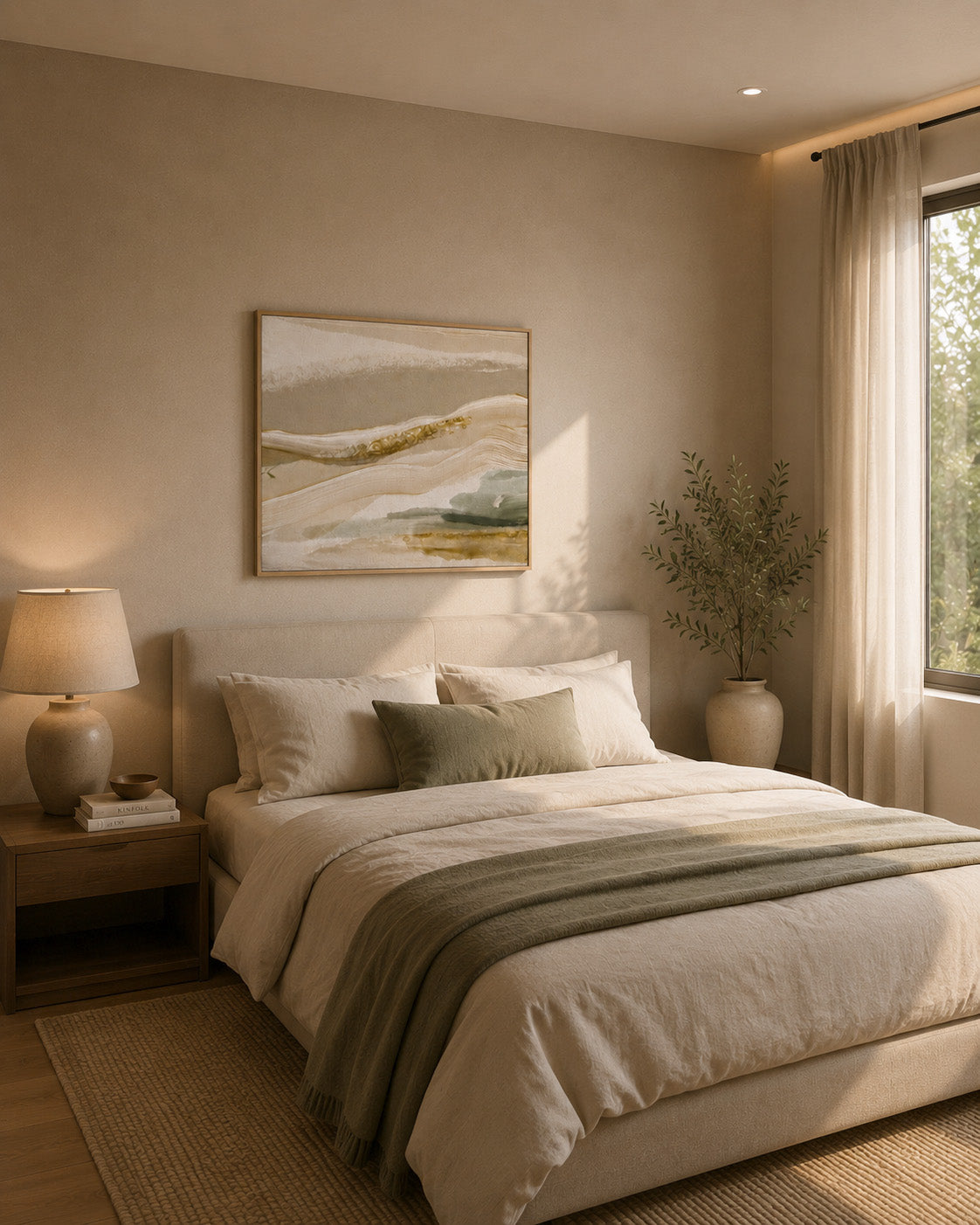 Calm abstract wall art in cream sage and beige above a minimalist bed