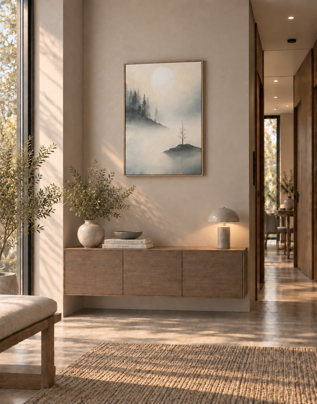 Calm forest landscape artwork styled in a bright contemporary entryway