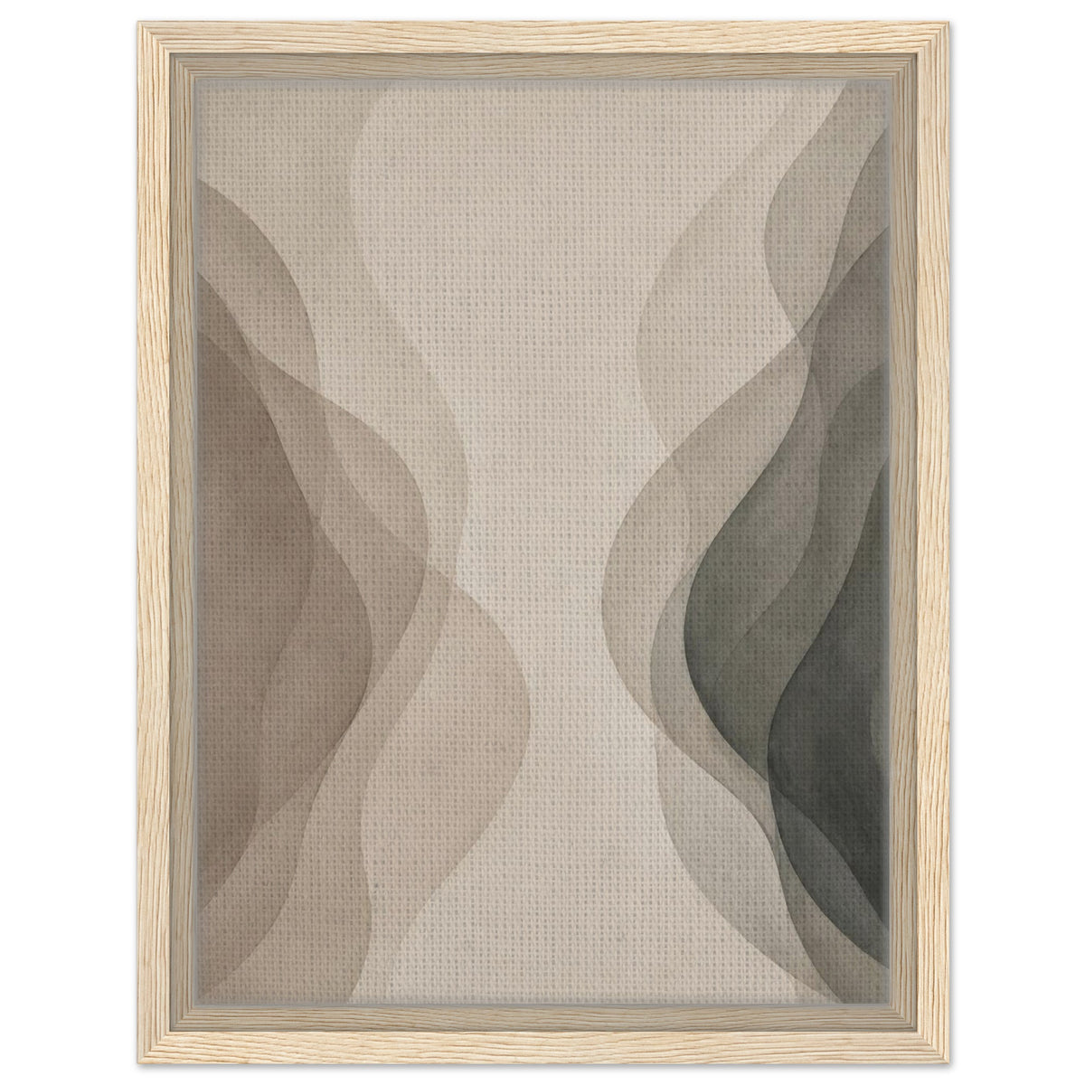 Calm neutral abstract artwork with layered organic curves in natural wood frame