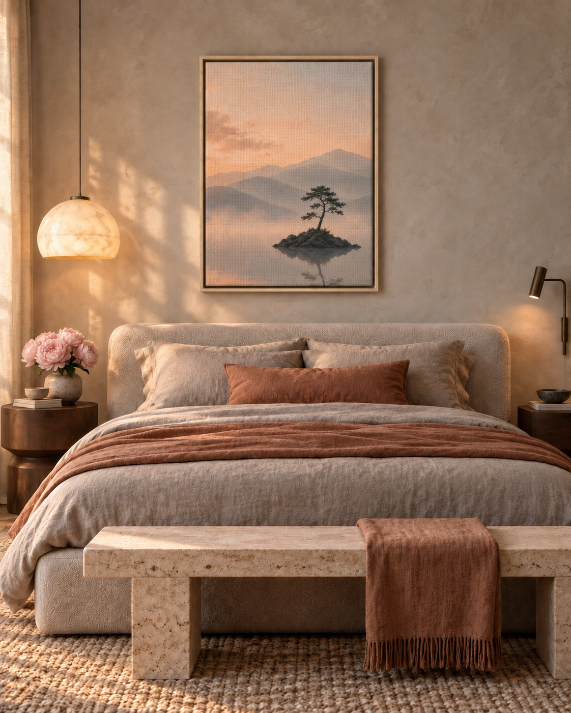 Calm sunset landscape artwork with lone pine tree displayed above a neutral bed