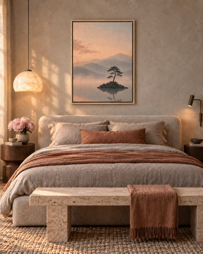 Calm sunset landscape artwork with lone pine tree displayed above a neutral bed