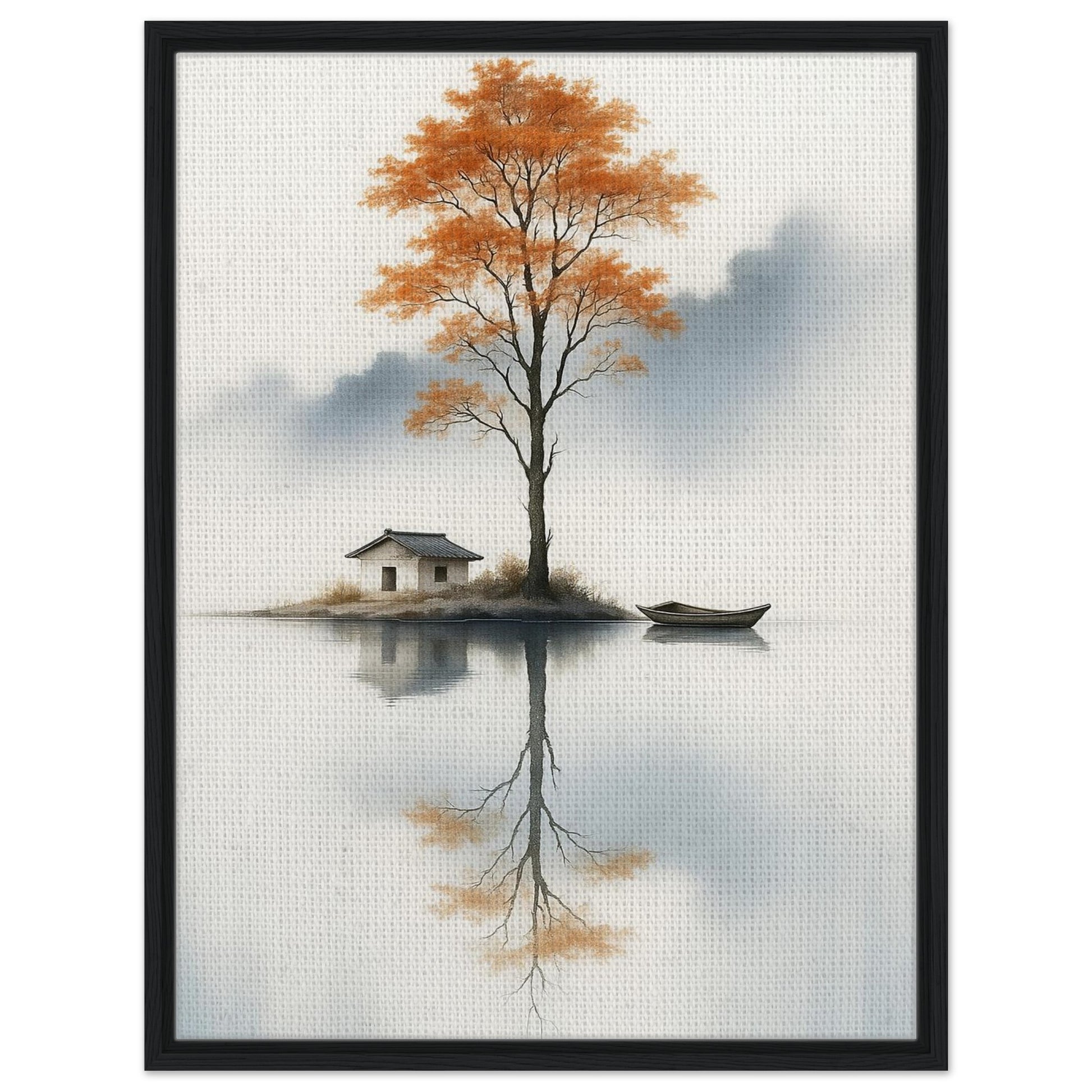 Calm water landscape with orange tree house and distant mist in natural wood frame