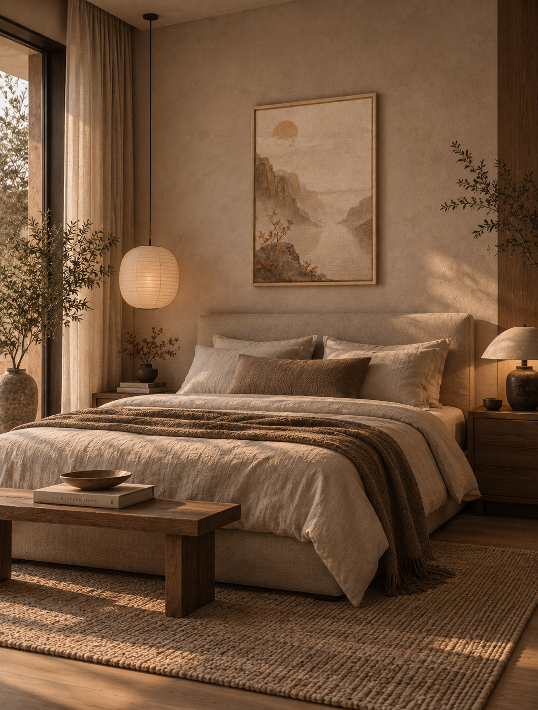 Calming mountain landscape artwork displayed above bed in a warm minimalist bedroom