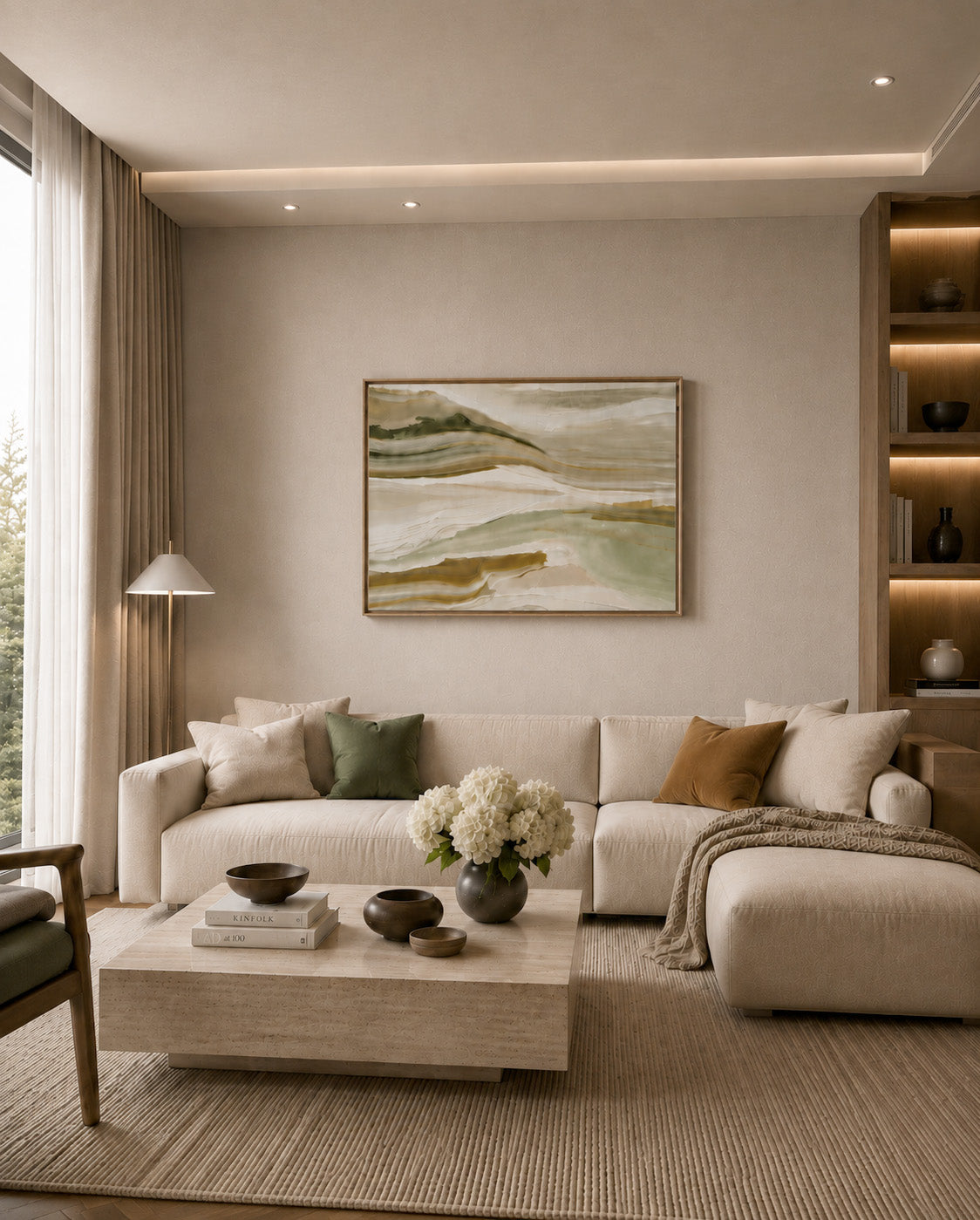 Calming abstract landscape art displayed in a warm minimalist living room
