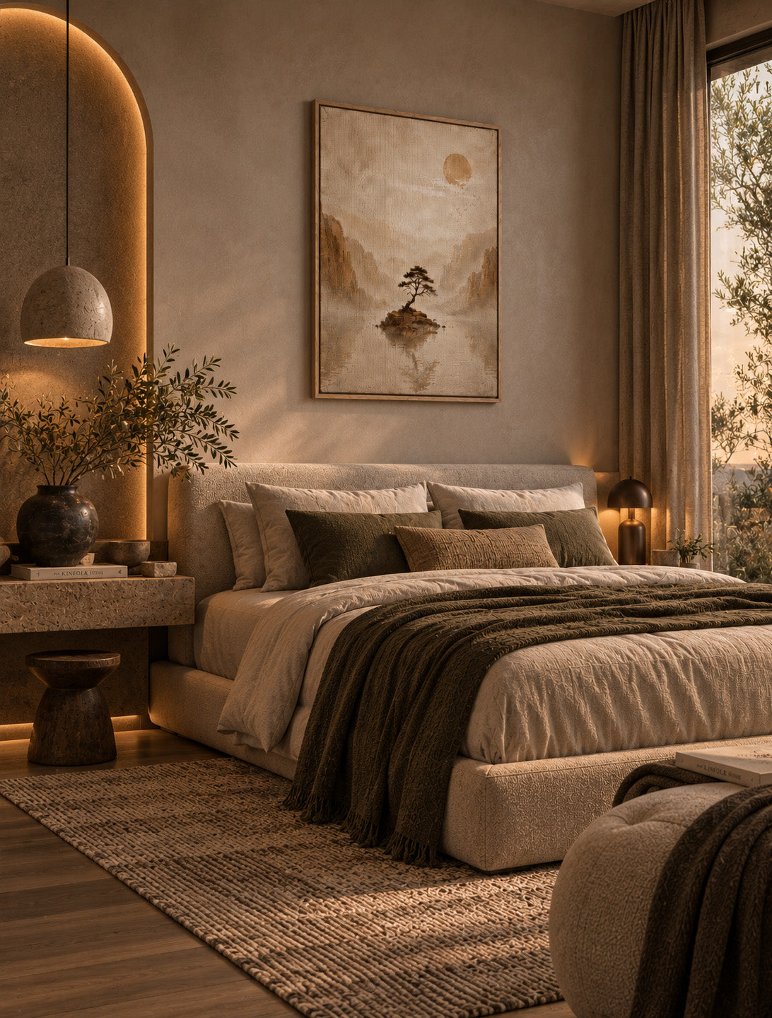 Calming lone tree landscape artwork displayed above bed in a neutral bedroom