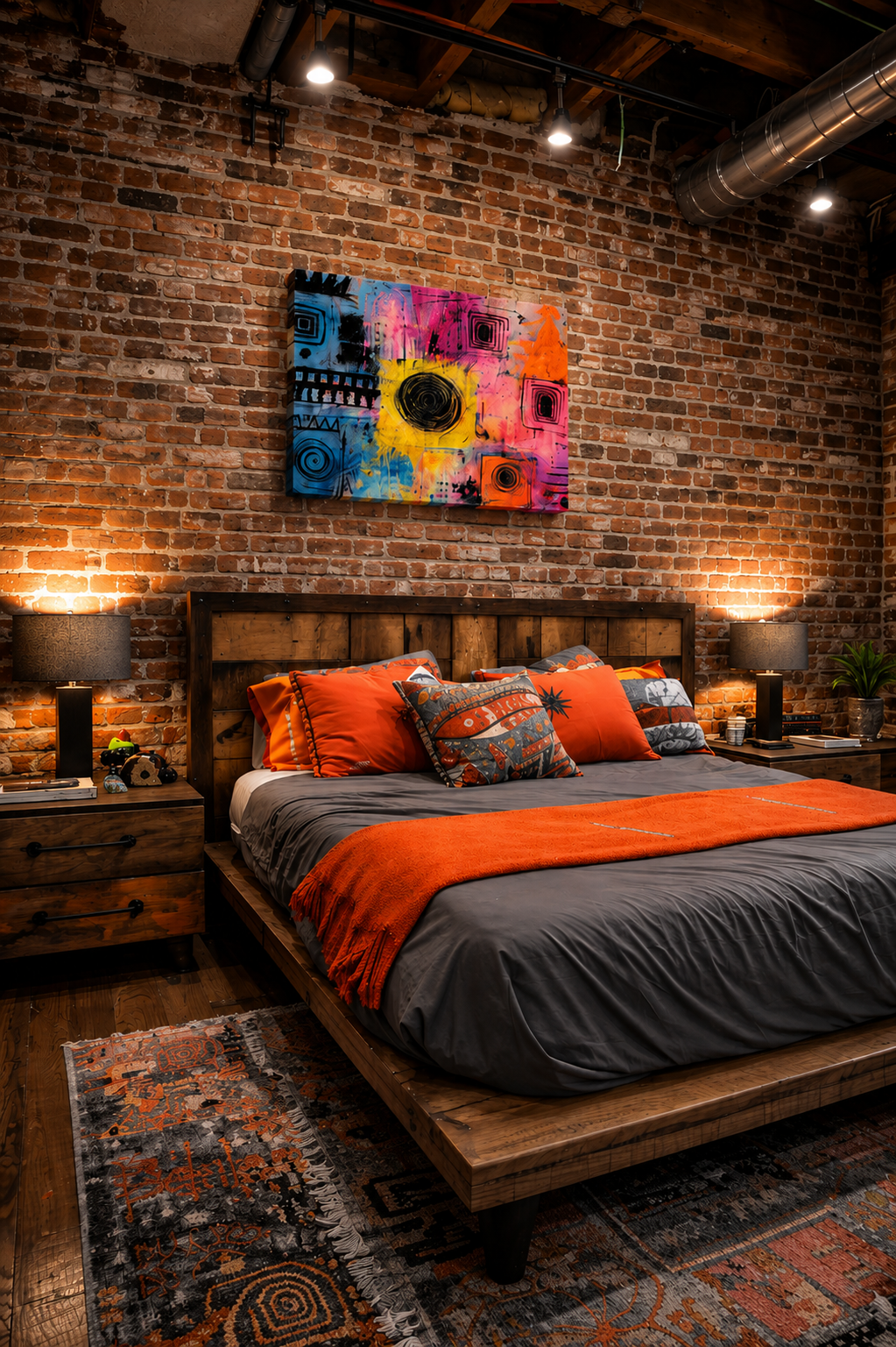 Large colorful abstract canvas wall art hanging above a wooden platform bed in an industrial loft bedroom with exposed brick walls and warm lighting.