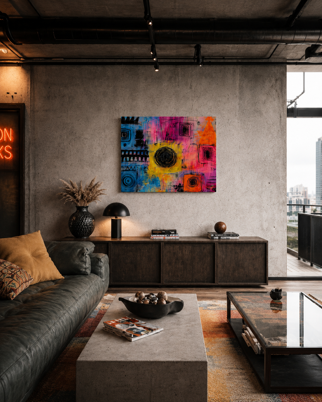 Colorful abstract canvas wall art displayed above a modern media console in an industrial loft living room with concrete walls and warm ambient lighting.