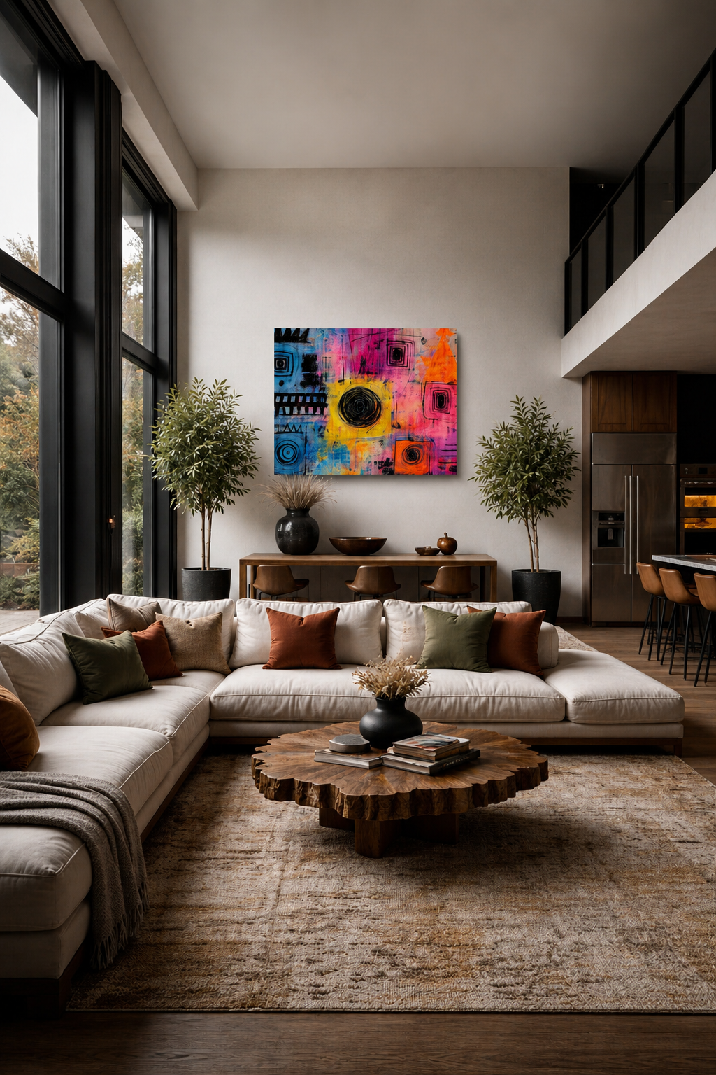 Colorful abstract canvas wall art displayed above a beige sectional sofa in a spacious modern open-plan living room with tall windows.