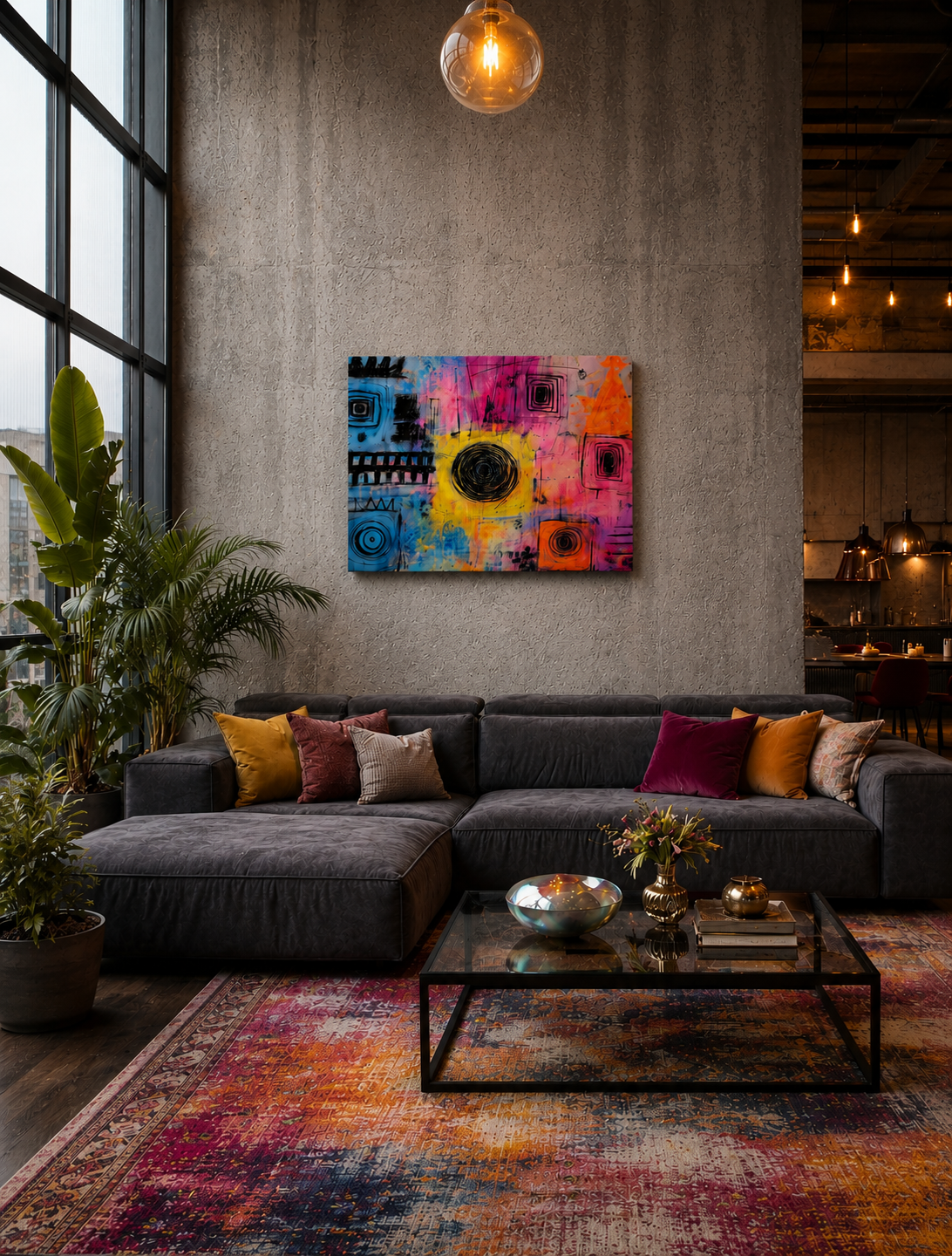 Vibrant abstract canvas wall art decorating a dark sectional sofa area in a modern loft interior with textured walls and pendant lighting.