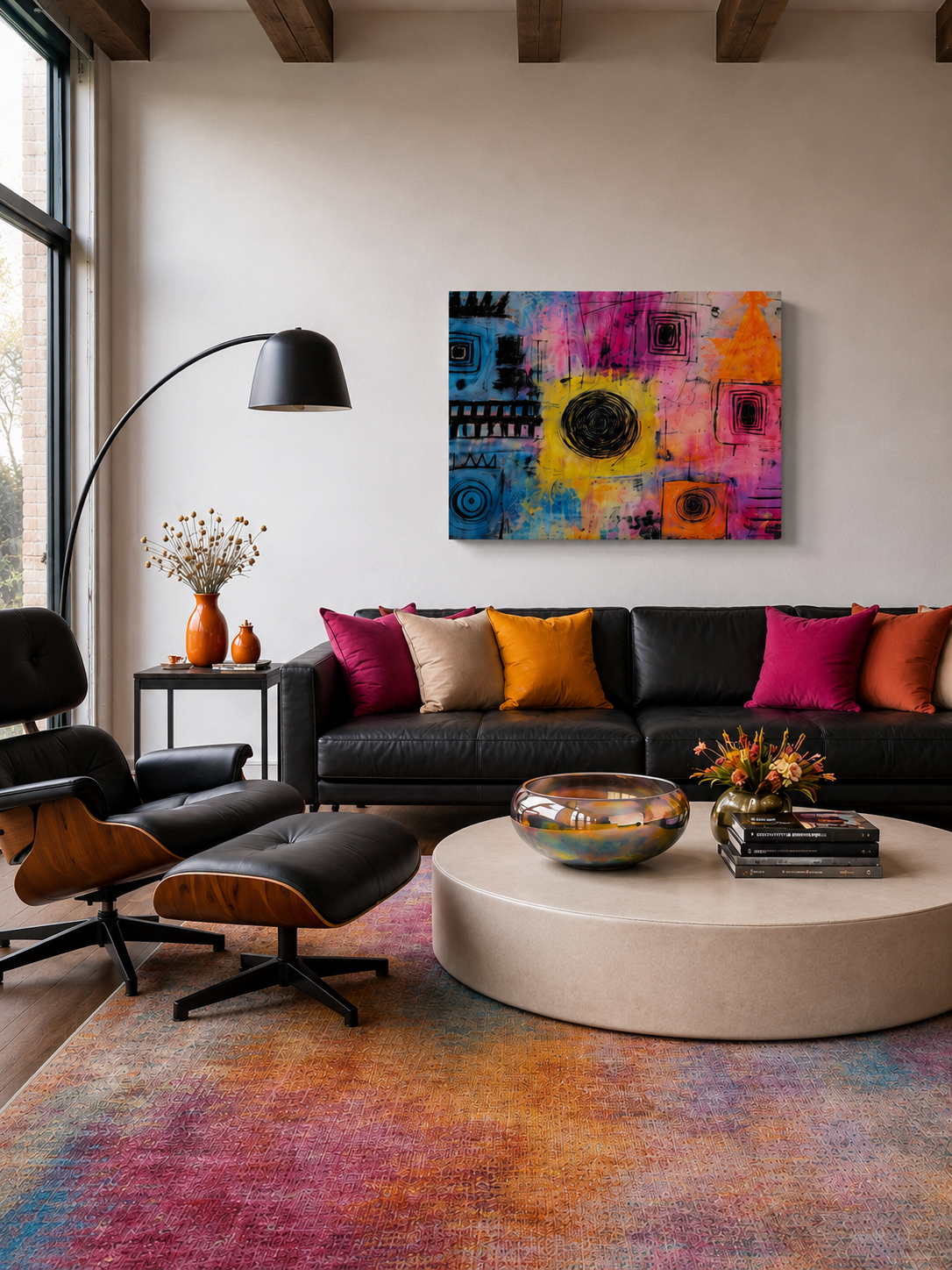Bright abstract canvas wall art above a black sofa with colorful cushions in a contemporary living room with a round white coffee table.