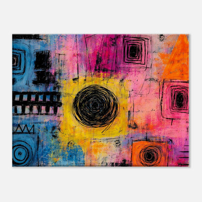 Right corner detail of the Vibrant Chaos print with orange and pink squares outlined in heavy black strokes.