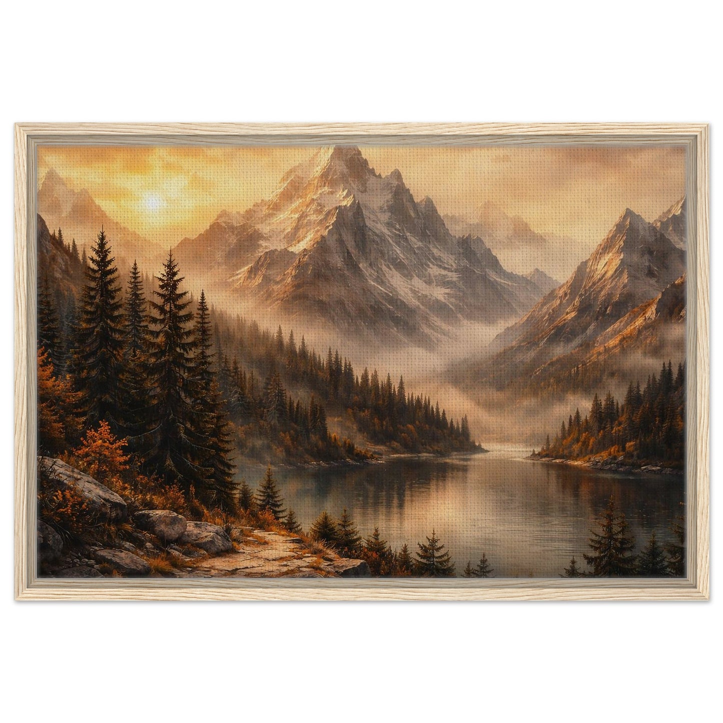 Cinematic alpine landscape with towering mountains pine trees and calm lake in natural wood frame