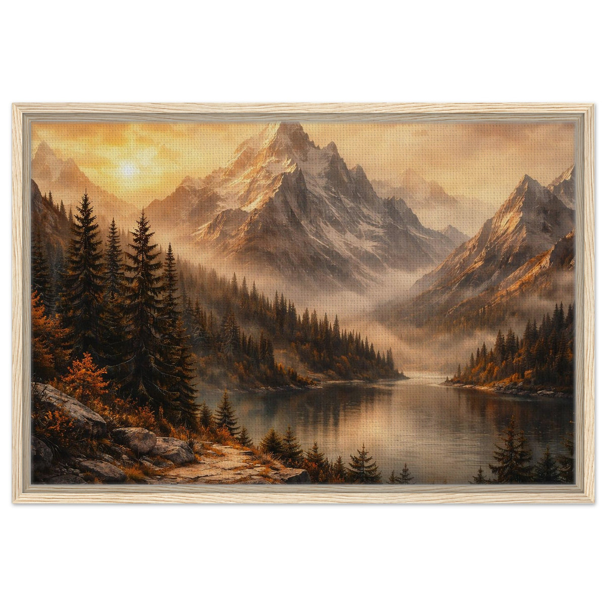 Cinematic alpine landscape with towering mountains pine trees and calm lake in natural wood frame