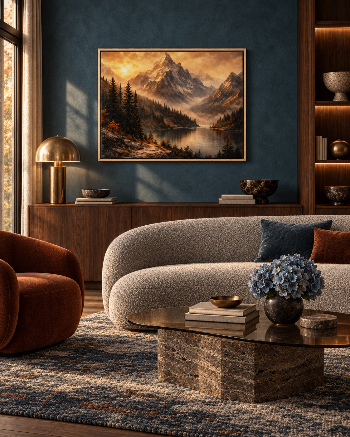 Cinematic mountain landscape wall art displayed in a warm contemporary living room