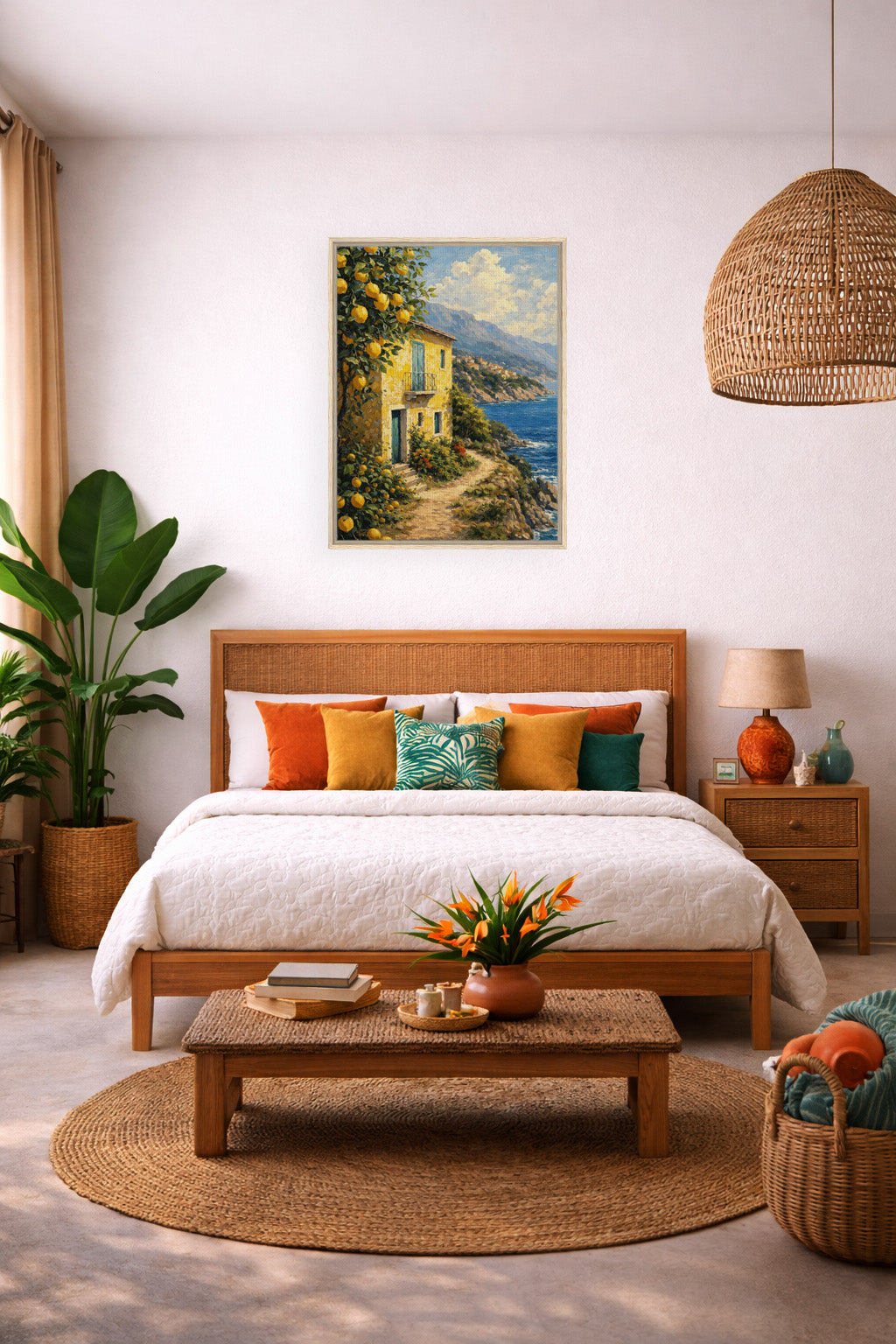 Mediterranean coastal painting wall art in warm neutral bedroom interior