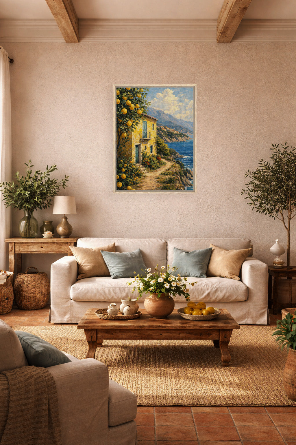 Coastal landscape wall art with lemon tree in cozy minimalist living room decor