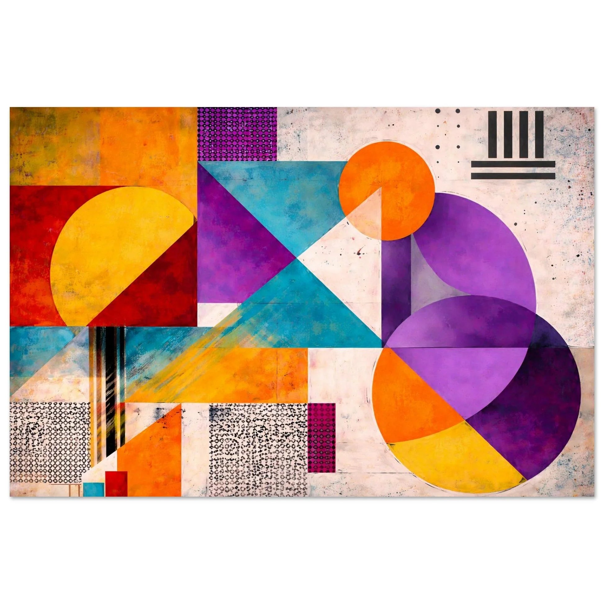 Color Blocks Harmony geometric abstract wall art poster with orange, purple, turquoise and yellow circles, triangles and rectangles