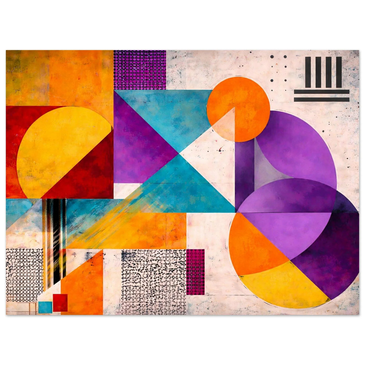 Detail of the geometric art poster showing the purple half-circles and turquoise triangle on a textured cream background