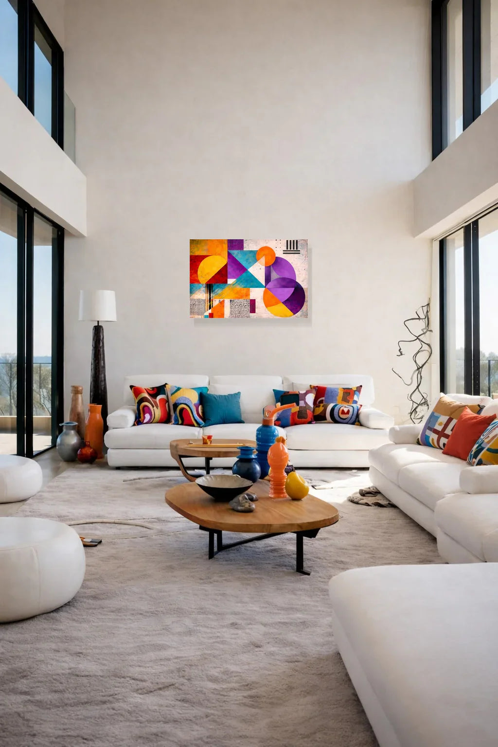 Geometric art poster in a bright living room with white sofas and a high ceiling