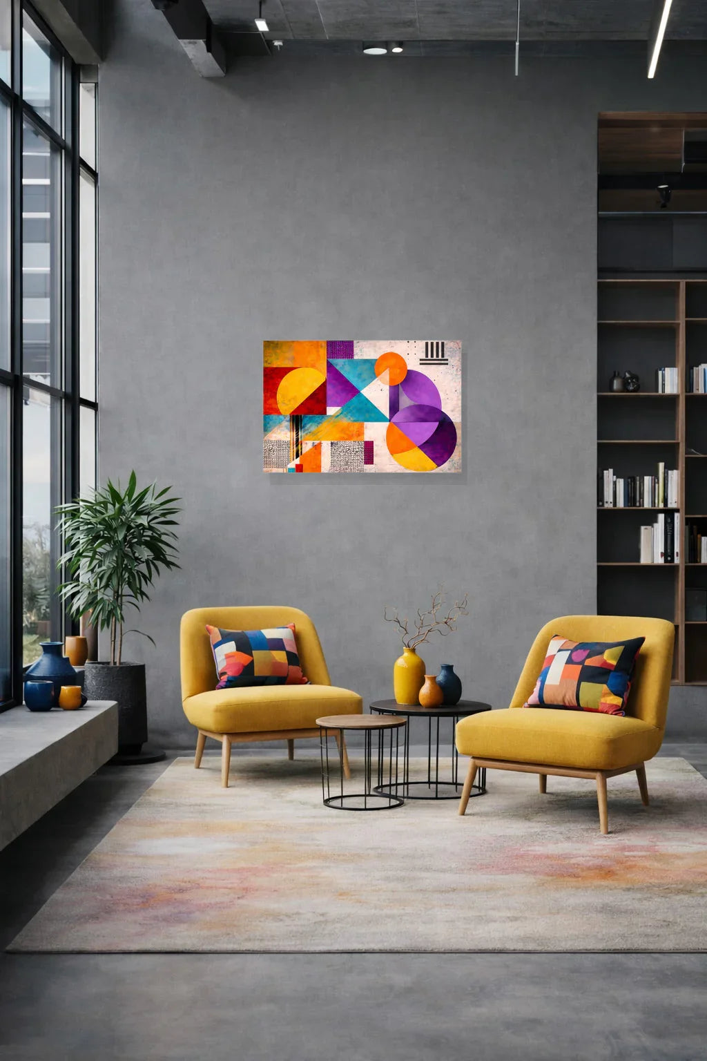 Geometric art poster on a grey concrete wall above mustard armchairs in an industrial loft