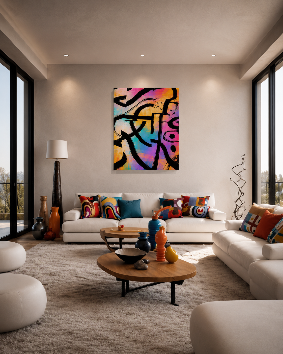 Color Frequency abstract canvas wall art displayed in a bright contemporary living room with neutral furniture and colorful accents.
