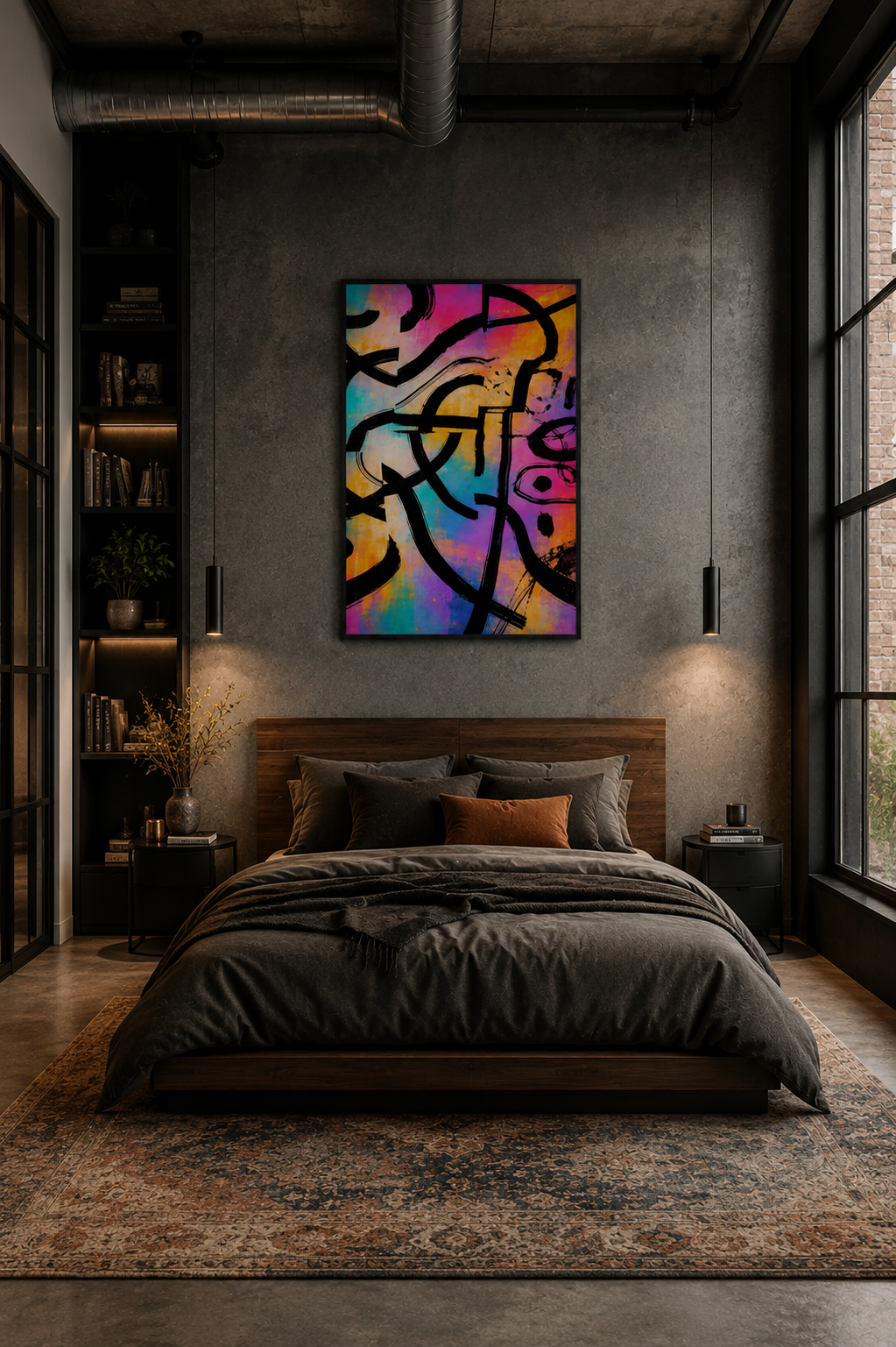 Bold abstract graffiti wall art with a black frame positioned above a dark bed in a modern industrial bedroom featuring concrete walls, warm pendant lighting, and wood accents.