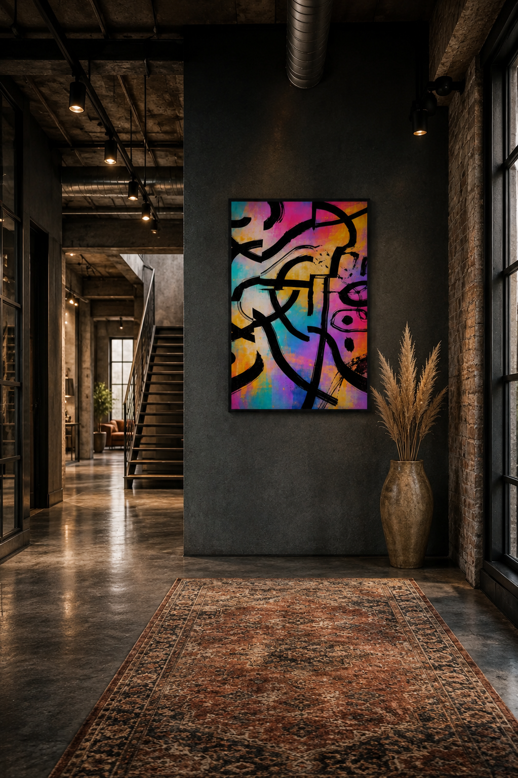 Bright abstract graffiti poster in a black frame hanging on a dark accent wall in an industrial loft hallway with exposed concrete, metal details, and a vintage runner rug.