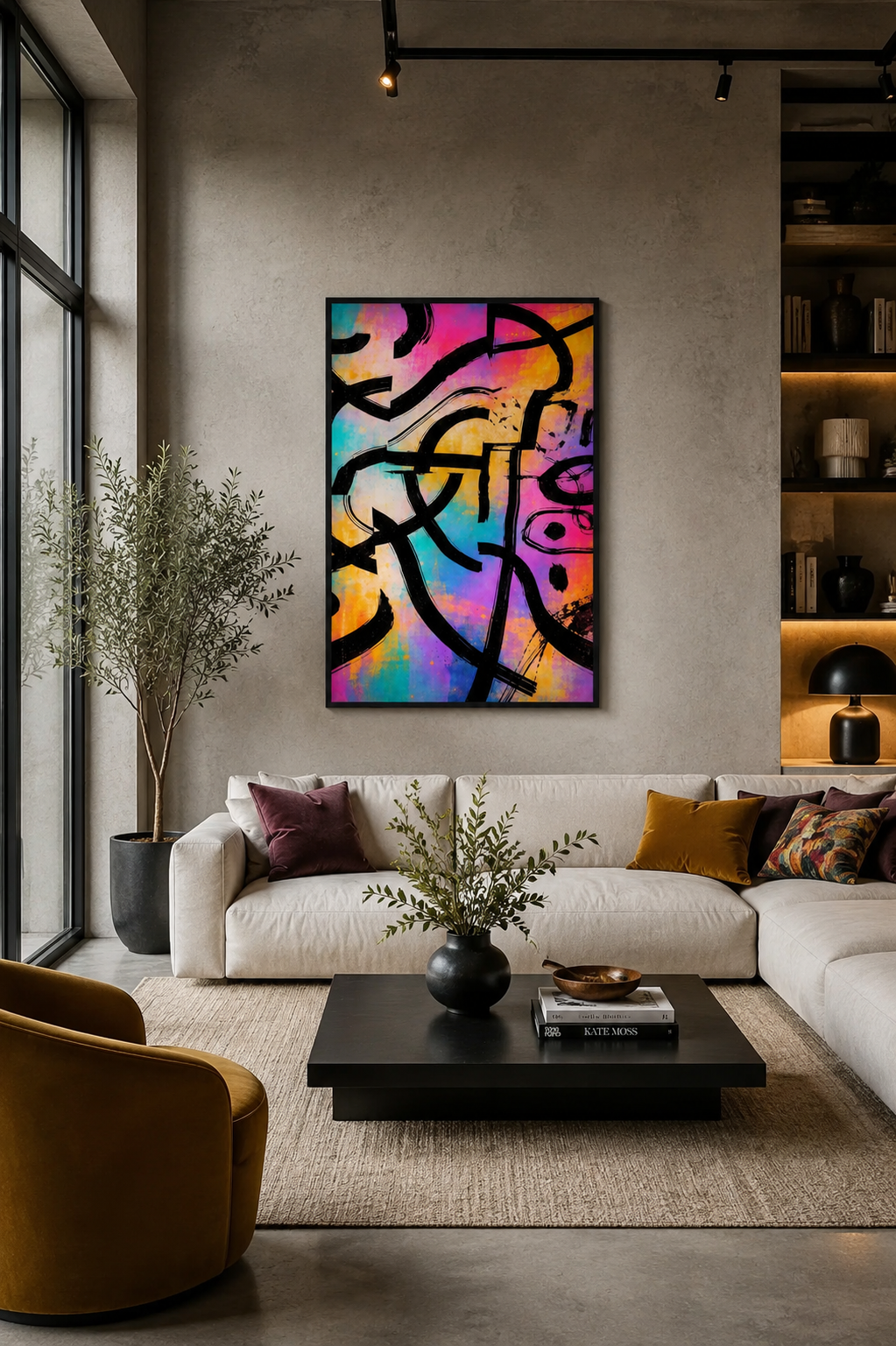 Vibrant abstract graffiti wall art with a black frame displayed above a cream sectional sofa in a contemporary living room with warm accent pillows and minimalist decor.