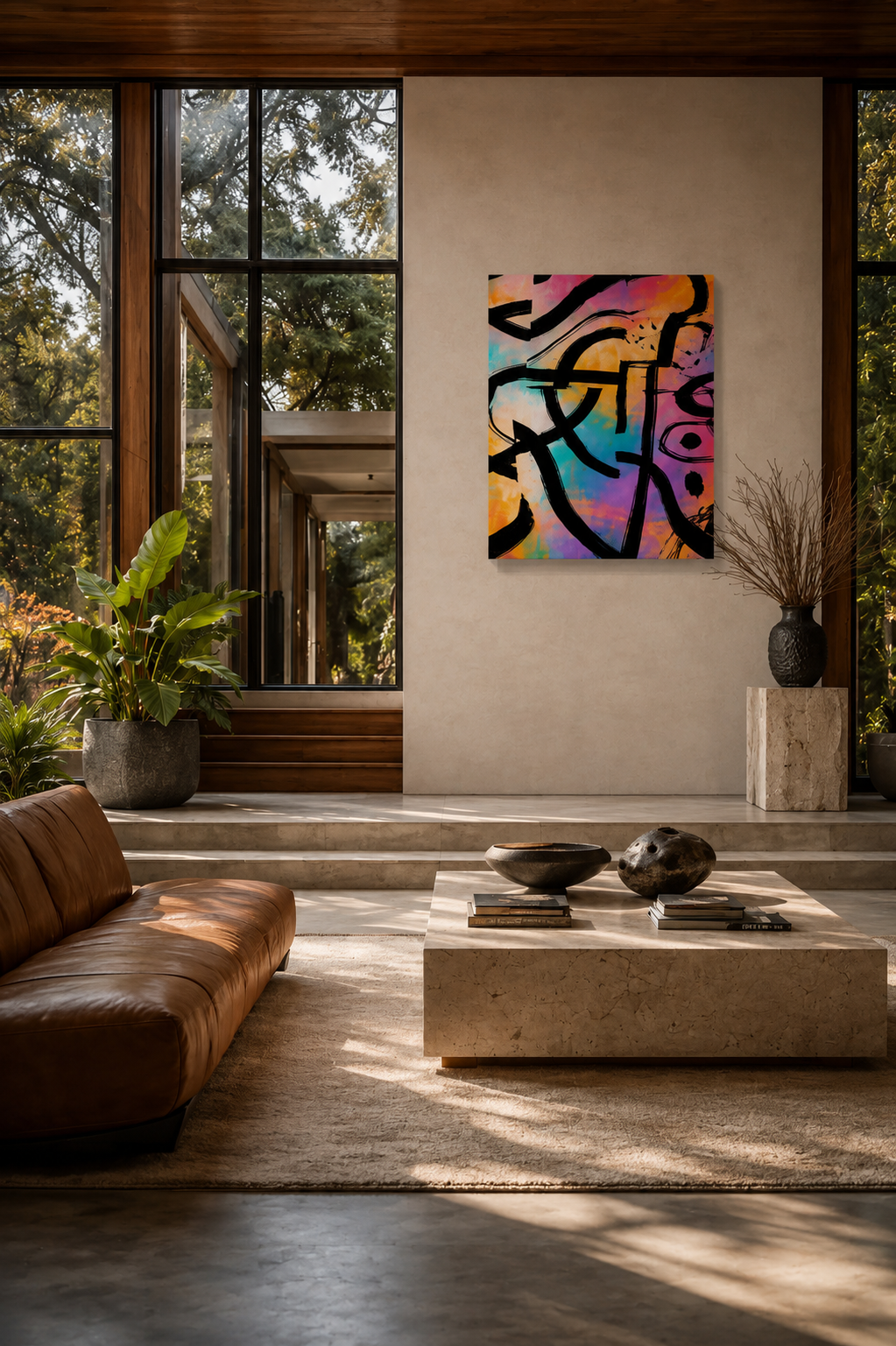 Color Frequency abstract canvas wall art displayed in a modern living room with floor-to-ceiling windows and natural light.