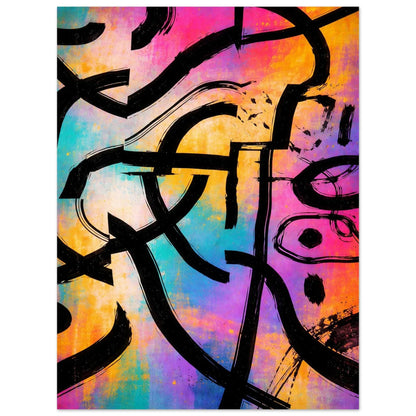 Close view of the Color Frequency print with paint spatter, soft color blends and the sweeping curve of the black line work.