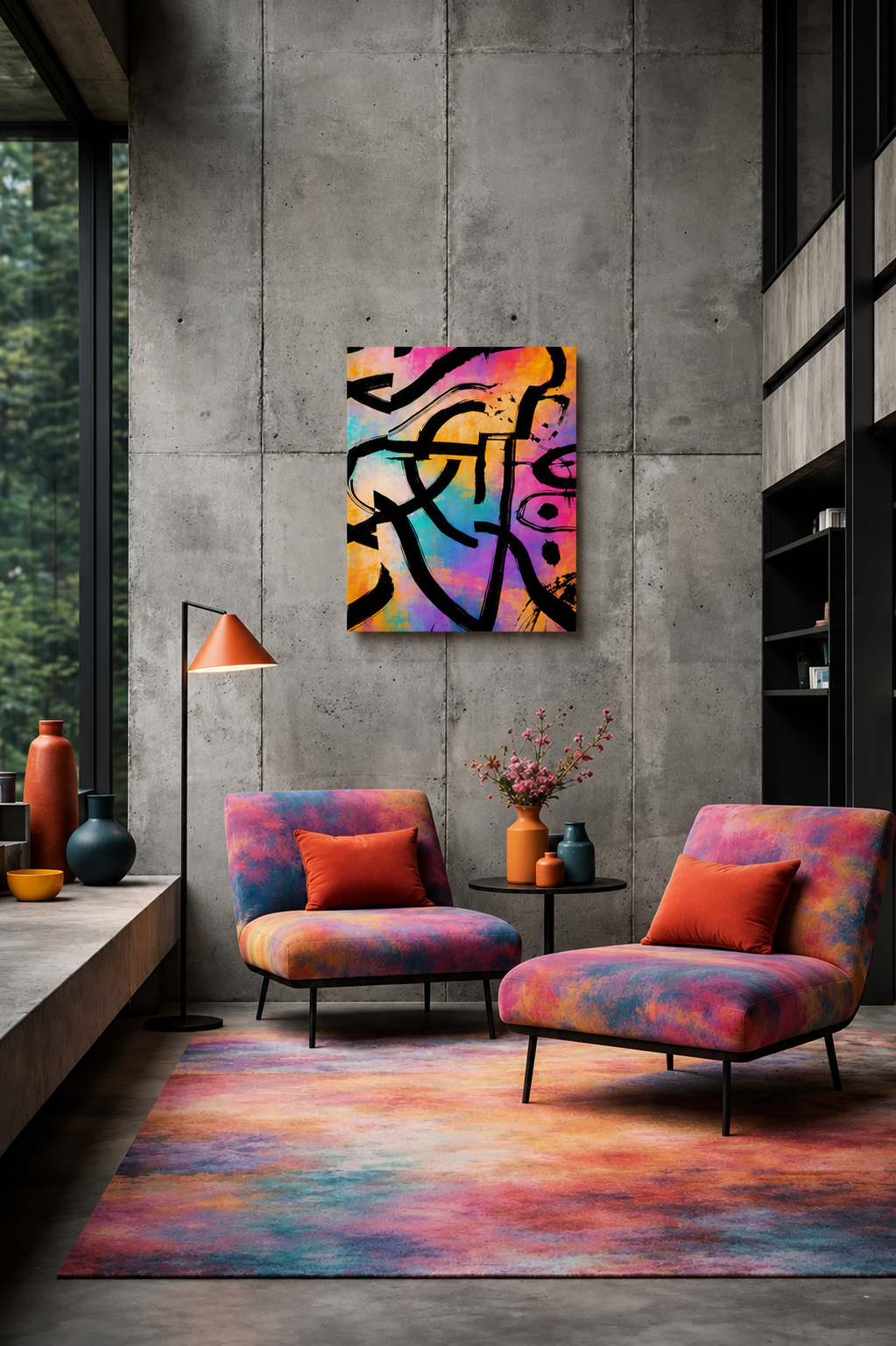 Color Frequency abstract canvas wall art displayed in a modern lounge with colorful accent chairs and concrete walls.